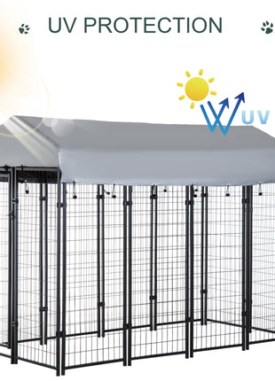Outdoor Dog Kennel with Roof, 8' x 4' x 6' Heavy Duty Welded Wire Dog Playpen Enclosure with Escape-proof Lock, UV-Resistant & Waterproof Cover, for Large Dogs, Silver