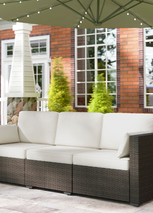 Patio Couch PE Wicker Deep Seating Outdoor Sofa with Removable Cushions, 3 Seater Rattan Sofa, Outdoor Furniture for Balcony, Deck, Garden and Poolside, Cream White