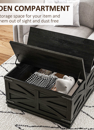 Farmhouse Coffee Table, Square Center Table with Flip-top Lids, Hidden Storage Compartment, Distressed Black