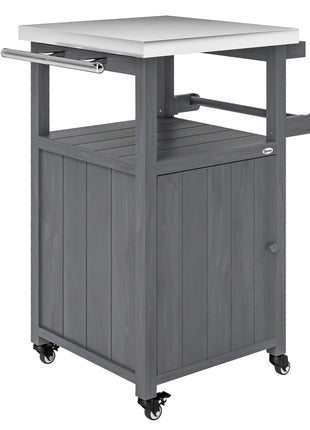 Outdoor Grill Cart with Stainless Steel Top, Solid Wood Outdoor Kitchen Island with Wheels, Integrated Hole, Dark Gray