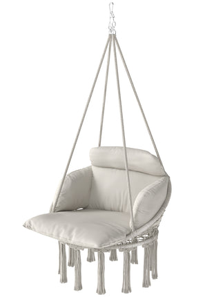 Hammock Swing Chair, Macrame Hanging Chair with Large Cushion, Chain, Steel Frame for Indoor Outdoor Use, Cream White