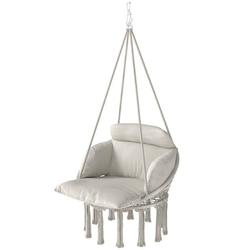 Hammock Swing Chair, Macrame Hanging Chair with Large Cushion, Chain, Steel Frame for Indoor Outdoor Use, Cream White