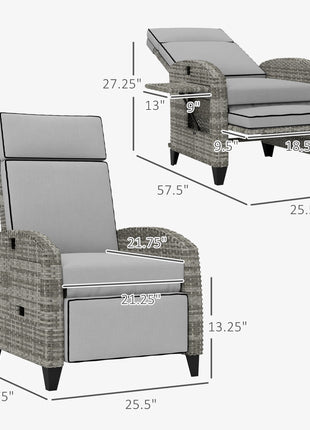 Outdoor Recliner Chair with Cushions, Reclining Patio Lounge Chair with Adjustable Footrest, Armrests, Tray Table, Gray
