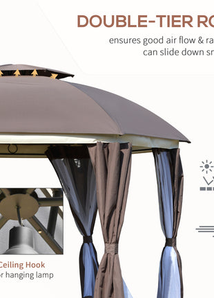 12' x 12' Round Outdoor Gazebo, Patio Dome Gazebo Canopy Shelter with Double Roof, Netting Sidewalls and Curtains, Zippered Doors, Strong Steel Frame, Brown