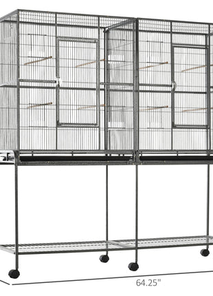 Rolling 65"L Bird Cage w/ Storage Shelf Wood Perch Food Container