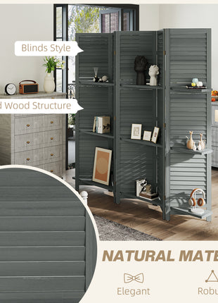 5 Panel 67" Tall Wood Privacy Screen Room Divider with 3 Shelves and Folding Storage for Bedroom, Gray