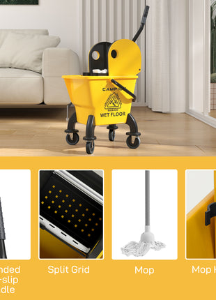 Mop Bucket with Wringer on Wheels for Floor Cleaning, 27.5 Quart Down Press Wringer with Handle and Mop, Yellow