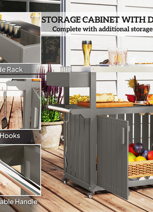 Outdoor Bar Cart with Storage, Stainless Steel Outdoor Bar Table Top, Wheeled HDPE Kitchen Island for Food Prep, Gray