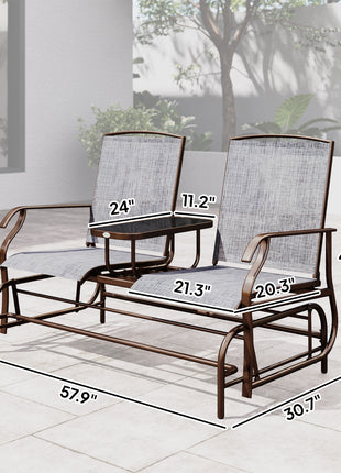 2-Seat Outdoor Glider Swing, Center Coffee Table and Independent Chairs, Supports Up to 352 lbs., Loveseat with Breathable Sling for Backyard, Garden, and Porch, Brown