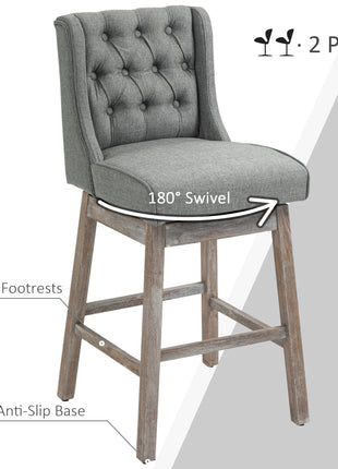 Bar Height Bar Stools Set of 2, 180 Degree Swivel Barstools with Solid Wood Footrests and Button Tufted Design, 30" Seat Height Bar Chairs for Kitchen Island, Gray