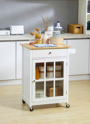 27" Rolling Kitchen Island Cart with Drawer and Glass Door Cabinet, Kitchen Trolley with Adjustable Shelf and Towel Rack, White