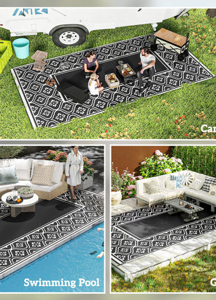 Reversible Outdoor Rug, Waterproof Plastic Straw with Carry Bag, 9' x 18', Black & White Gourd Border