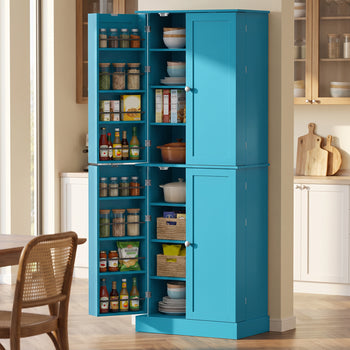 65" Kitchen Cabinet, Kitchen Pantry Cabinet with 4 Doors and 16 Door Shelves for Dining Room, Blue