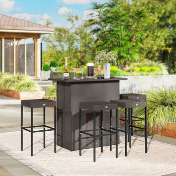 5 Piece Rattan Wicker Bar Set, High Top Outdoor Table and Chairs, Bar Height Patio Set, 2 Shelves & 4 Bar Stools, Brown