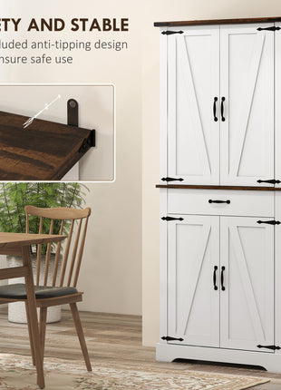 71" Tall Kitchen Cabinet, Farmhouse Pantry Cabinet w/ Barn Doors, 6 Shelves w/ 2 Doors, Drawer and Adjustable Shelves, White