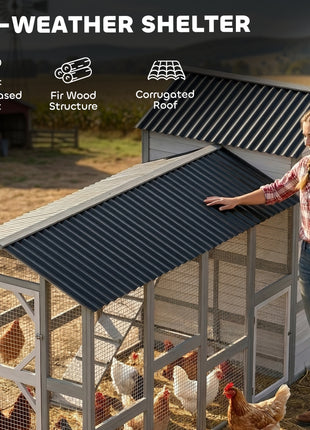 147" Extra Wooden Large Chicken Coop with Run for 8–10 Hens, Predator-Proof Mesh, Gray