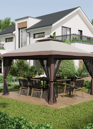 13' x 13' Pop Up Gazebo Instant Canopy Tent Shelter with 2-Tier Roof, Carry Bag, Wight Bags for Outdoor, Garden, Beige