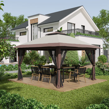 13' x 13' Pop Up Gazebo Instant Canopy Tent Shelter with 2-Tier Roof, Carry Bag, Wight Bags for Outdoor, Garden, Beige