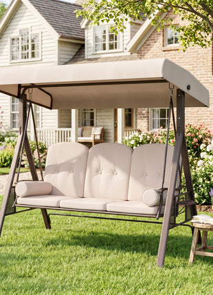 3-Seat Patio Swing Chair, Outdoor Porch Swing Glider with Adjustable Canopy, Removable Cushion, Pillows and Side Trays, for Garden, Poolside, Backyard, Beige