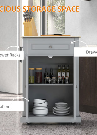 Rolling Kitchen Island Cart, Portable Serving Trolley Table with Drawer, Adjustable Shelf and 2 Towel Racks, Grey
