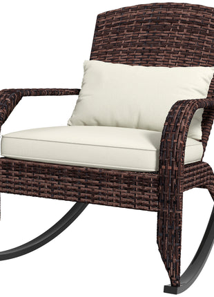 Adirondack Chair, Outdoor Wicker Rocking Chair with High Back, Seat Cushion, and Pillow for Porch, Balcony, Cream White