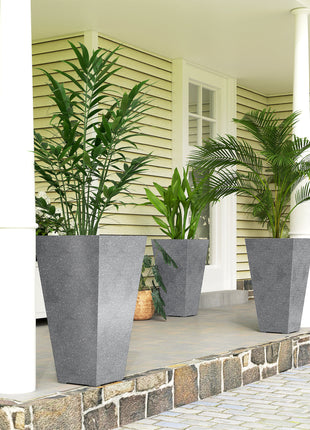 28" Tall Planters, Set of 3 Plastic Flower Pots with Marble Finish and Drainage Holes, Stackable Taper Planters, Gray