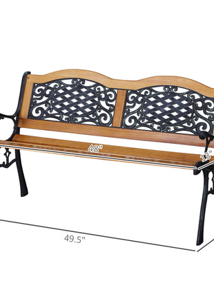 50" Outdoor Garden Bench, Park Patio Bench Loveseat, Wood & Metal Frame with Plastic Flourish Backrest, Natural Wood