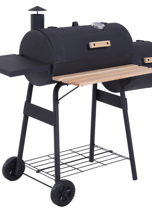Charcoal BBQ, Portable Grill with Wheels, All-in-One Grill, Side vent, Two Shelves and Metal Grating, Lit-Mounted Thermometer, Wooden Handle, for Outdoor Cooking, Black