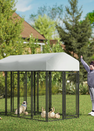 Outdoor Dog Kennel with Two-Room Design, Water-Resistant & Sun-Proof Cover, for S, M, L Dogs, 8' x 4' x 6'