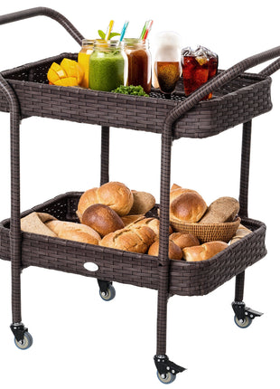 PE Rattan Outdoor Bar Table, Outdoor Kitchen Island with 2-Tier Shelf, Wheeled Patio Serving Cart with Brakes for Poolside, Garden, Brown