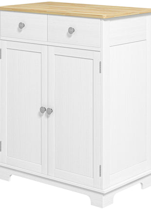 Kitchen Storage Cabinet, Sideboard Floor Cupboard with Solid Wood Top, Adjustable Shelf, and 2 Drawers, Distressed White
