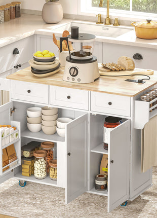 Kitchen Island on Wheels with Drop Leaf, Charging Station, Rolling Kitchen Cart with Wood Top, Adjustable Shelf, White