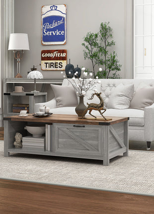 Coffee Table with Storage, Farmhouse Living Room Table with Storage Drawer and Open Shelf, Distressed Gray