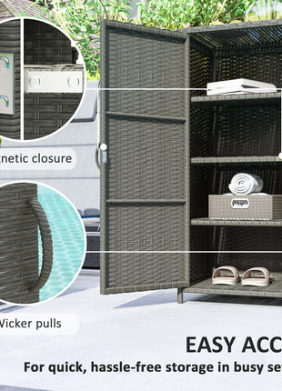Rattan Wicker Outdoor Storage Cabinet with 4 Shelves and 2 Doors for Garden Pool Towel Storage, Dark Gray
