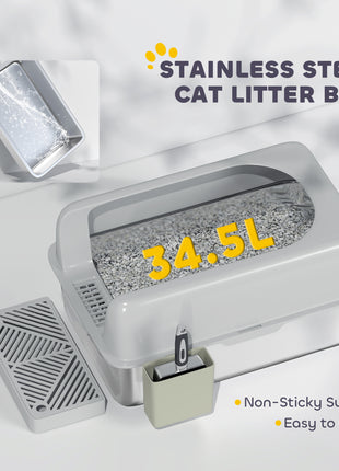High Sided Stainless Steel Litter Box with Metal Scoop & Scoop Holder, for Easy Clean& Anti-Urine Leakage, Light Gray