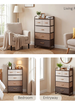 5-Drawer Fabric Dresser Tower, 4-Tier Storage Organizer with Steel Frame for Hallway, Bedroom, and Closet, Maple Wood