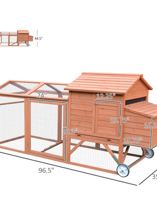 96.5" Chicken Coop Wooden Hen House Poultry Cage Pen Portable with Wheels and Nesting Box, Chicken Cage for Backyard Outdoor, Natural