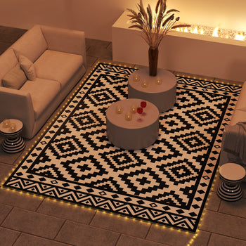 Outdoor Rug Carpet Reversible Plastic Straw Rug with LED Lights Black and White 12' x 9' for Patio