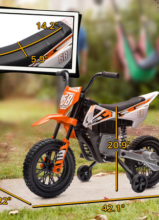 12V Kids Electric Motorcycle w/ Twist Grip Throttle, Training Wheels, Rear Suspension & Music, Orange