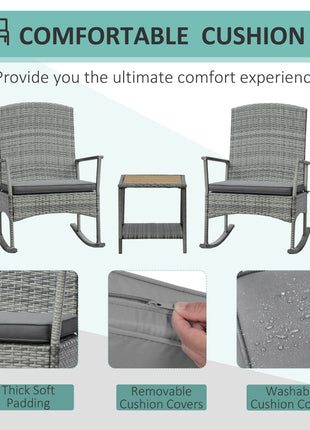 3 Piece Outdoor PE Rattan Rocking Chair Set, Patio Wicker Recliner Rocker Chair with Soft Cushion & Nature Wood Top Coffee Table, Gray