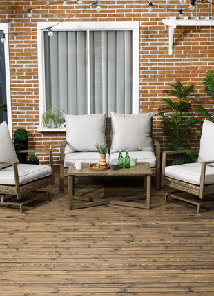 4 Piece Wicker Patio Furniture Set with 2 Rocking Chairs, Loveseat Sofa, Outdoor PE Rattan Conversation Set with Cushions, Aluminum Table for Porch, Poolside, Light Gray