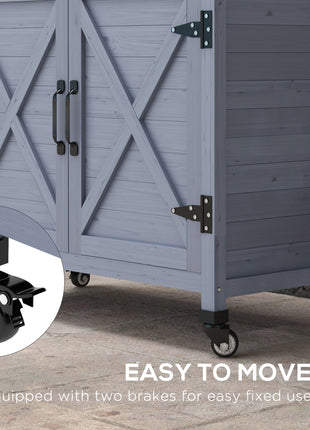 Outdoor Wooden Potting Bench with Storage Cabinet, Aluminum Tabletop, Rubber Wheels for Backyard, Patio, Balcony, Gray