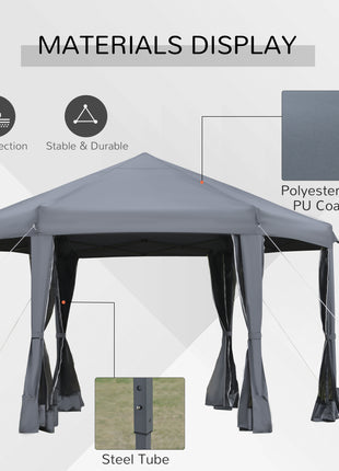 13' x 11' Hexagonal Pop Up Gazebo, Heavy Duty Outdoor Canopy Tent with 6 Mesh Sidewall Netting, 3-Level Adjustable Height and Strong Steel Frame, Gray