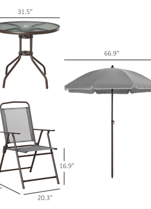 6 Piece Patio Dining Set for 4 with Umbrella, with 4 Folding Dining Chairs & Round Glass Table for Garden, Gray