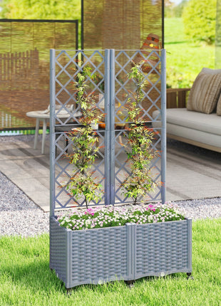 Planter Box with Trellis, Self Watering Raised Garden Bed with Lockable Wheels and Drainage Holes, Gray