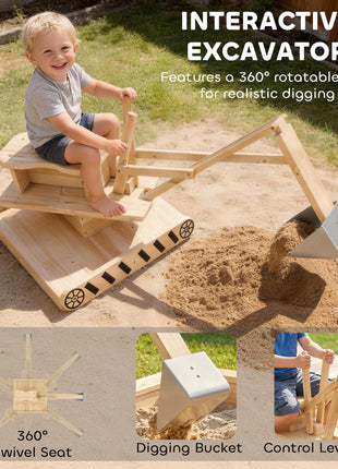 Wooden Sandbox with Digger, Kids Sandbox with 360° Rotating Seat & Bottom Liner, 72" x 35" x 22"