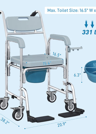 Rolling Shower Wheelchair for Seniors, Bedside Commode Chair with Locking Wheels, Seat, Backrest, Arms, Gray
