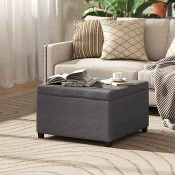 Round Storage Ottoman Bench, Button Tufted Ottoman with Flip Top for Living Room, Entryway and Bedroom, Gray