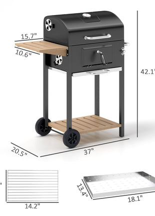 Charcoal BBQ Grill, Outdoor Portable Cooker for Camping or Backyard Picnic, Barbecue Grill with Side Table, Bottom Storage Shelf, Wheels and Handle, Black
