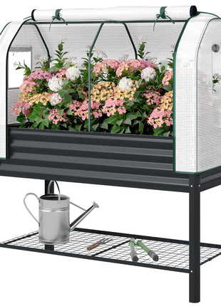 Galvanised Raised Garden Bed with Greenhouse Cover, Metal Elevated Garden Bed with Bed Liner, Bottom Shelf, Black